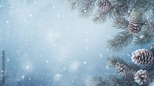 Christmas card with tree branches and pine cones. Merry Xmas background with lights on blue snowy surface. Happy New Year. © Ziyan