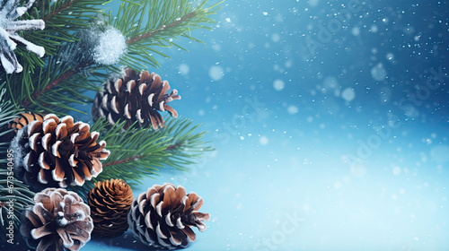 Christmas card with tree branches and pine cones. Merry Xmas background with lights on blue snowy surface. Happy New Year.