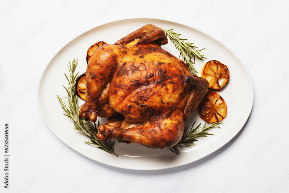 Top view of whole roasted chicken against white background. Grilled chicken on dish. Top view of whole roasted chicken against white background. Grilled chicken on dish.