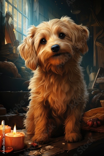 Illustration of a cute dog next to a burning candle. 