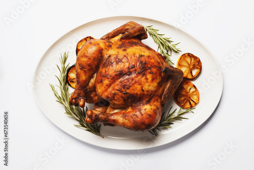 Top view of whole roasted chicken against white background. Grilled chicken on dish.