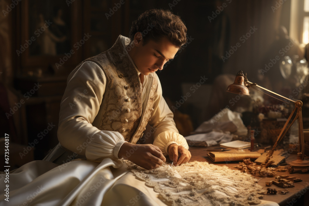 A tailor meticulously crafting a period-accurate 18th-century gown, showcasing the art of tailoring in that era. Generative Ai. A tailor meticulously crafting a period-accurate 18th-century gown, showcasing the art of tailoring in that era. Generative Ai.