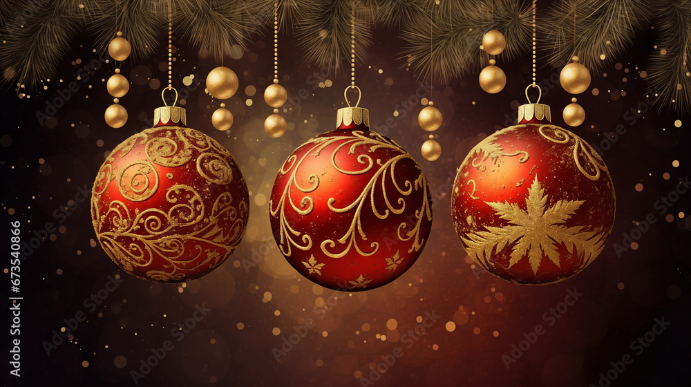 Christmas holiday concept banner with Christmas red and gold ornament balls, spruce, isolated on black background, copy space. Winter holidays, New Year. 16:9 Christmas holiday concept banner with Christmas red and gold ornament balls, spruce, isolated on black background, copy space. Winter holidays, New Year. 16:9