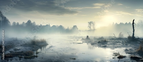 On a misty morning in spring Floodland near a river