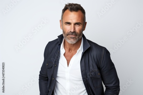 Handsome middle aged man in casual clothes standing against grey background.