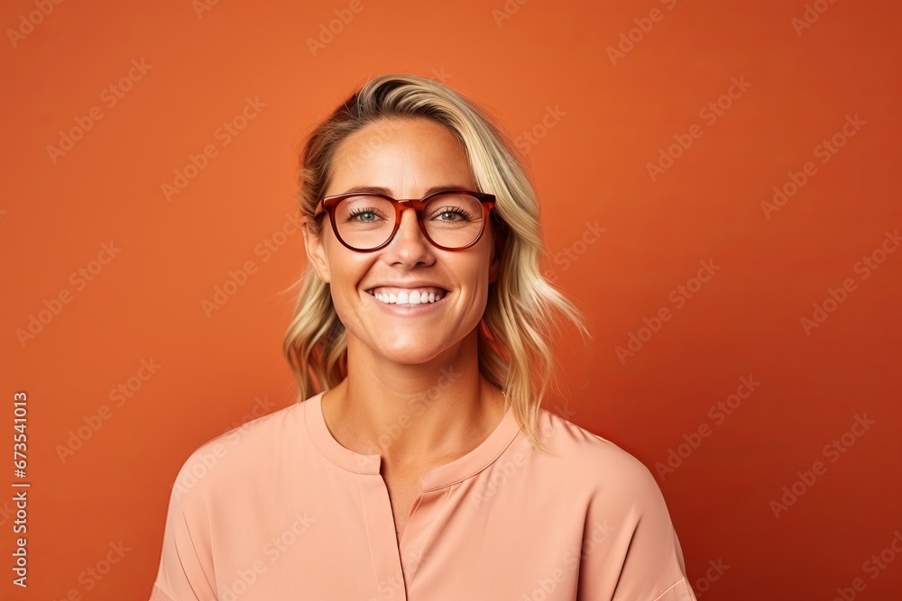 Portrait of a happy young woman in glasses on a orange background Portrait of a happy young woman in glasses on a orange background