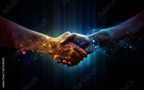 An abstract depiction of a handshake formed by digital particles, signifying partnership agreements and business deals in the digital era.
