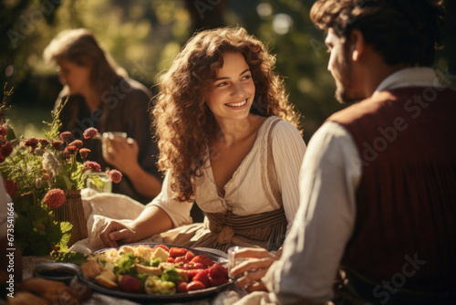 A group of people enjoying a period-appropriate outdoor picnic with traditional food and clothing. Generative Ai.