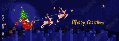 Merry Christmas - Santa's sleigh with reindeer and stars - merry christmas