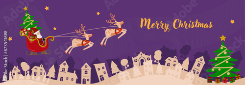 Merry Christmas - Santa's sleigh with reindeer and stars - merry christmas