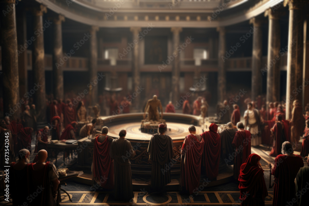 Roman senators deliberating in the Senate chamber, illustrating the political life of the Roman Republic. Generative Ai. - obrazy, fototapety, plakaty 