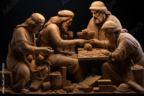 Sumerian merchants conducting trade using cuneiform tablets, illustrating the commerce of Mesopotamia. Generative Ai. photo