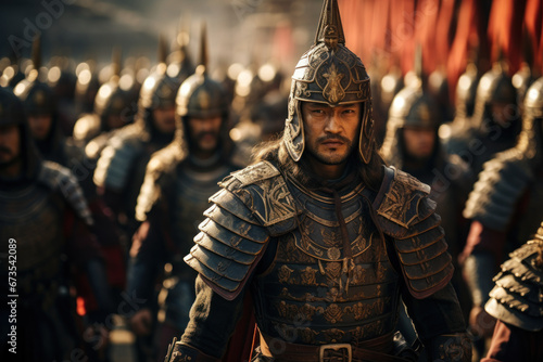 Qin Dynasty soldiers marching in formation, embodying the disciplined military of ancient China. Generative Ai.