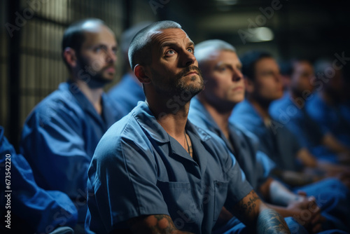 Incarcerated individuals participating in a theatrical performance within the prison, showcasing creative expression. Concept of prison theater programs. Generative Ai.