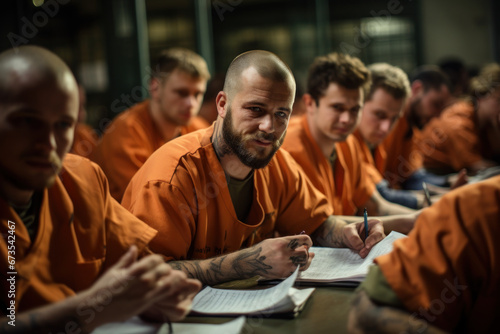 Inmates participating in a poetry workshop, expressing their emotions and experiences through verse. Concept of poetry therapy in rehabilitation. Generative Ai. © Sebastian