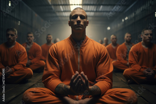 Prisoners engaging in yoga and meditation, seeking mental and physical balance. Concept of yoga and mindfulness in rehabilitation. Generative Ai.