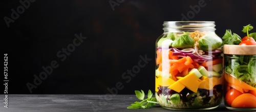 The concept of clean eating and vegetarianism is illustrated by a vegetable salad presented in a glass jar with a focus on diet detox and a minimalistic presentation There is ample blank spa