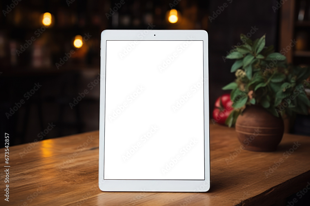 A smooth, unbranded tablet device on a desk, suitable for digital mockups. Generative Ai. A smooth, unbranded tablet device on a desk, suitable for digital mockups. Generative Ai.