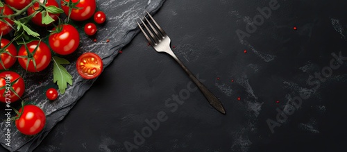 On a dark stone background viewed from the top there are napkins cutlery and cherry tomatoes there is space available for duplication