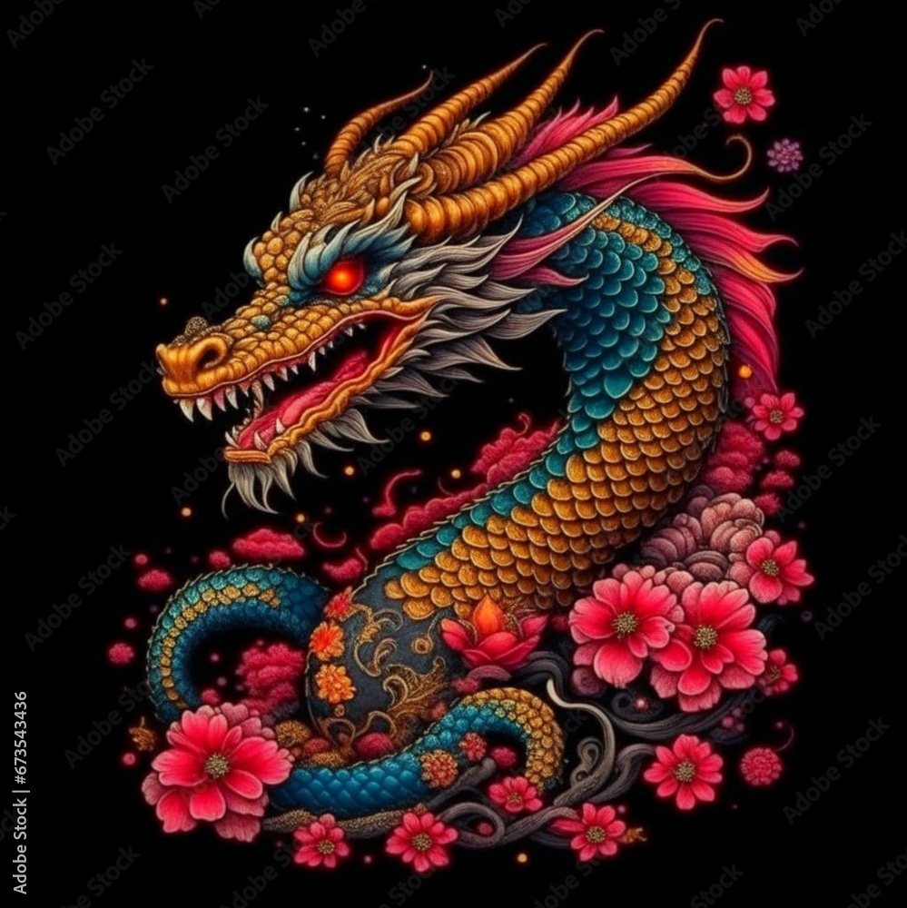 Chinese Year of the Dragon. An original pattern depicting a realistic oriental dragon on a black background. A powerful symbol of the 2024 New Year in the culture of the East. Illustration.
