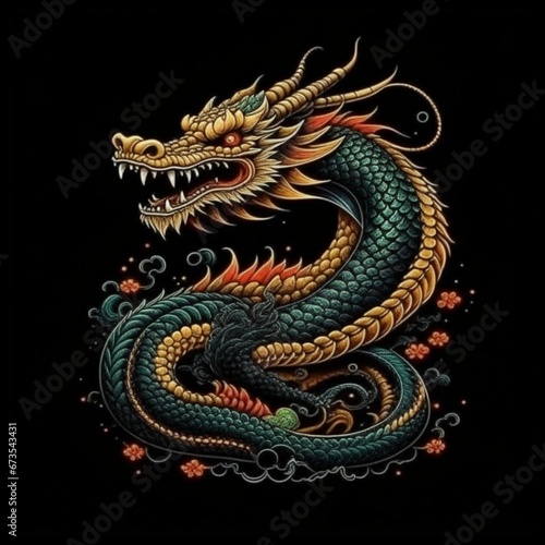 Chinese Year of the Dragon. Artistic pattern depicting a realistic oriental dragon on a black background. A powerful symbol of the 2024 New Year in the culture of the East. Illustration. 