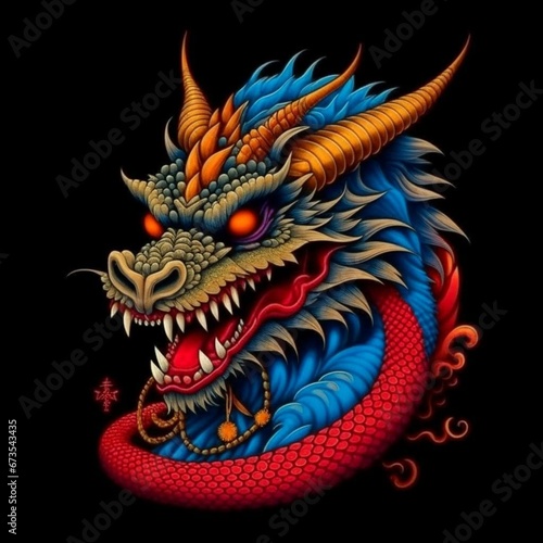 Chinese Year of the Dragon. Decorative pattern with the image of a realistic oriental dragon on a black background. A powerful symbol of the 2024 New Year in the culture of the East. Illustration.
