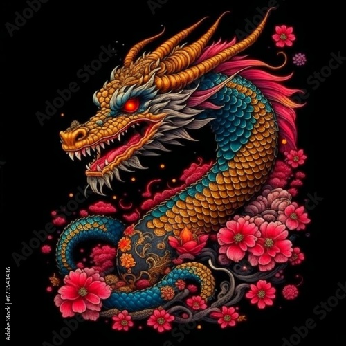 Wallpaper Mural Chinese Year of the Dragon. An original pattern depicting a realistic oriental dragon on a black background. A powerful symbol of the 2024 New Year in the culture of the East. Illustration. Torontodigital.ca
