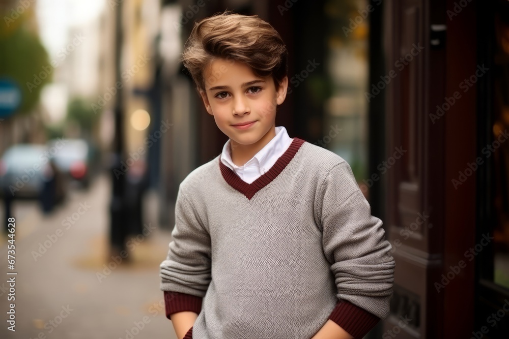 Portrait of a cute young boy in the city. Outdoor.