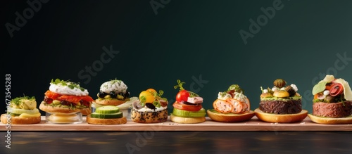 Tasty breakfast or snack featuring a selection of different toppings on canapes