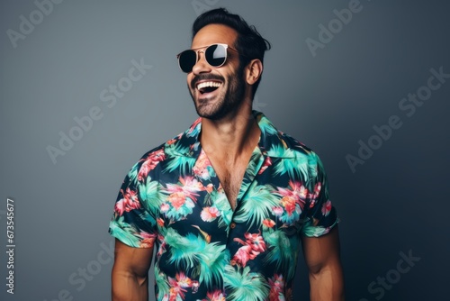 Handsome young man in floral shirt and sunglasses on a grey background.