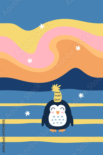 Happy penguin in hat under the sky with the Aurora Borealis lights. Vector print for poster, card, banner. Vertical illustration for decor and design.
