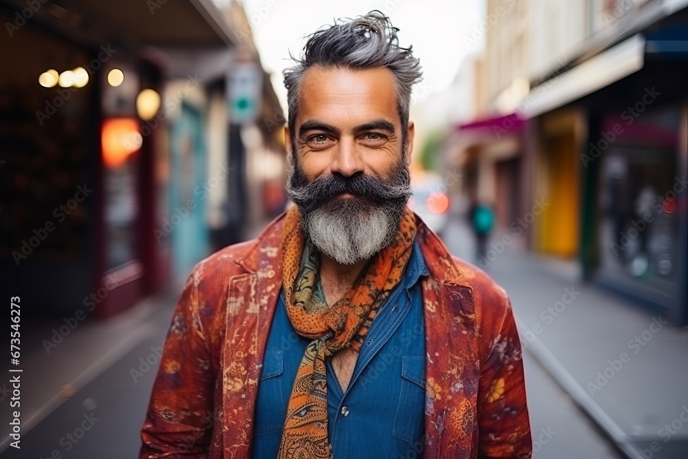 Fototapeta premium Portrait of a handsome man with long beard and mustache in the city