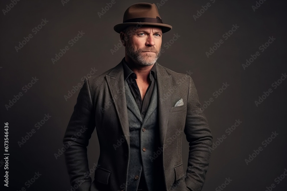Portrait of a stylish mature man wearing a hat and jacket. Portrait of a stylish mature man wearing a hat and jacket.
