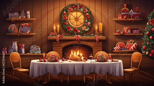 Interior design of warm dinning room interior with christmas table, wooden console, christmas gifts, gingerbread, candle, star on wall christmas wreath and personal accessories. Home decor. Template. 