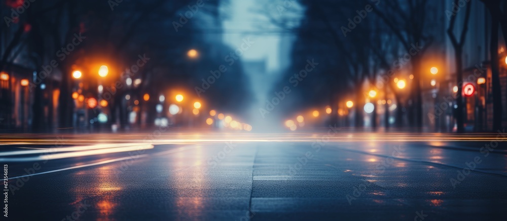Nighttime city street with a distorted perspective - obrazy, fototapety, plakaty 