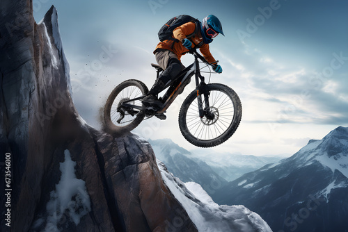 Bicycle rider performing spectacular jump on snow mountain