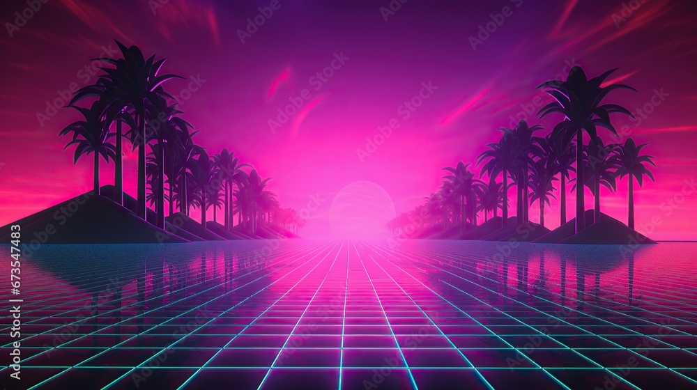 Fototapeta premium Retro synthwave futuristic neon landscape, vapor wave 80s volumetric background