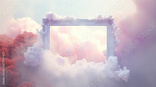 Rectangular text frame surrounded by fluffy clouds. Creative promotion banner template. 3d render illustration style. 