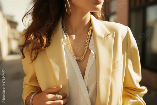 Close-up of Woman with expensive gold necklace around her neck. Luxury pendant, fashion jewelry made of precious metals. 