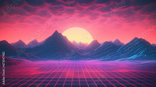 Retro synthwave futuristic neon landscape, vapor wave 80s volumetric background