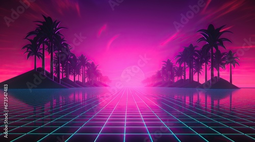 Retro synthwave futuristic neon landscape, vapor wave 80s volumetric background