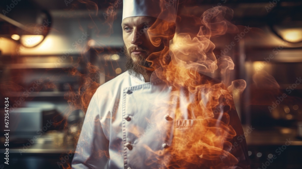 Double exposure photography of close up chef and the kitchen, sunset colors, on dark background, stock photo, cook, chef, person, food, restaurant, kitchen, professional Double exposure photography of close up chef and the kitchen, sunset colors, on dark background, stock photo, cook, chef, person, food, restaurant, kitchen, professional