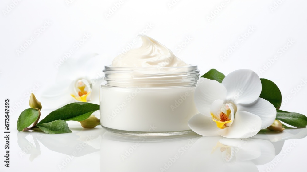 whitening and moisturizing Face cream in an open glass jar and flowers on white background. Set for spa, skin care and body products and solutions for skin problems such as scars, acne, wrinkles. whitening and moisturizing Face cream in an open glass jar and flowers on white background. Set for spa, skin care and body products and solutions for skin problems such as scars, acne, wrinkles.