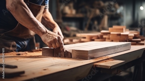 close up man owner a small furniture business is preparing wood for production. carpenter male is adjust wood to the desired size. architect, designer photo