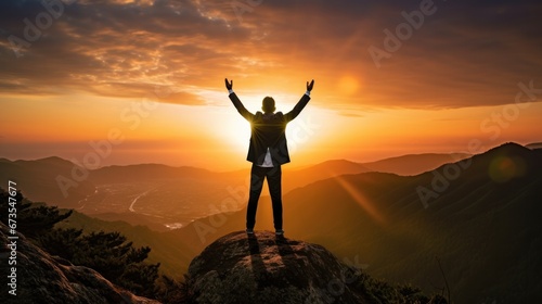 Silhouette of business male stand and feel happy on the most hight at the mountain on sunset  success  leader  teamwork  target  Aim  confident  achievement  goal  on plan  finish  generate by AI