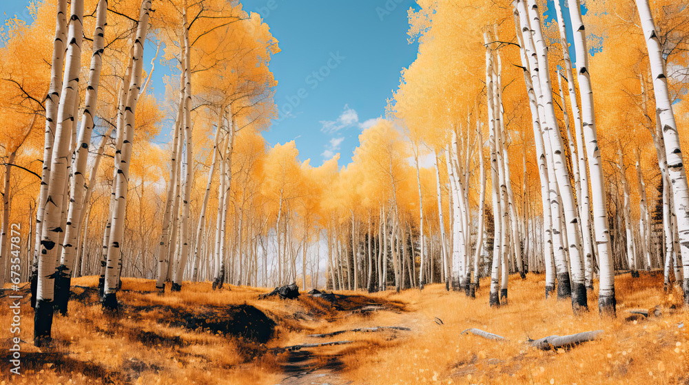 Yellow Aspen trees at the peak of fall colours - obrazy, fototapety, plakaty 