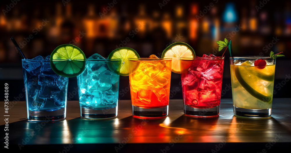many cocktails, exotic drinks, alcoholic drinks bar, multi colored cocktails - obrazy, fototapety, plakaty 