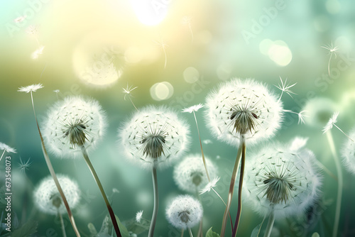 Spring background with white dandelions