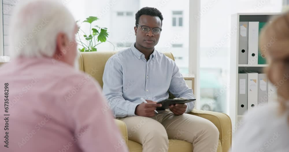Senior, couple and black man with psychologist job for marriage consulting with advice and support. Communication, therapist and talk with help, listening and counselling for relationship discussion Senior, couple and black man with psychologist job for marriage consulting with advice and support. Communication, therapist and talk with help, listening and counselling for relationship discussion