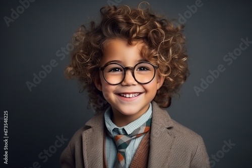 Portrait of a cute little boy with curly hair and eyeglasses
